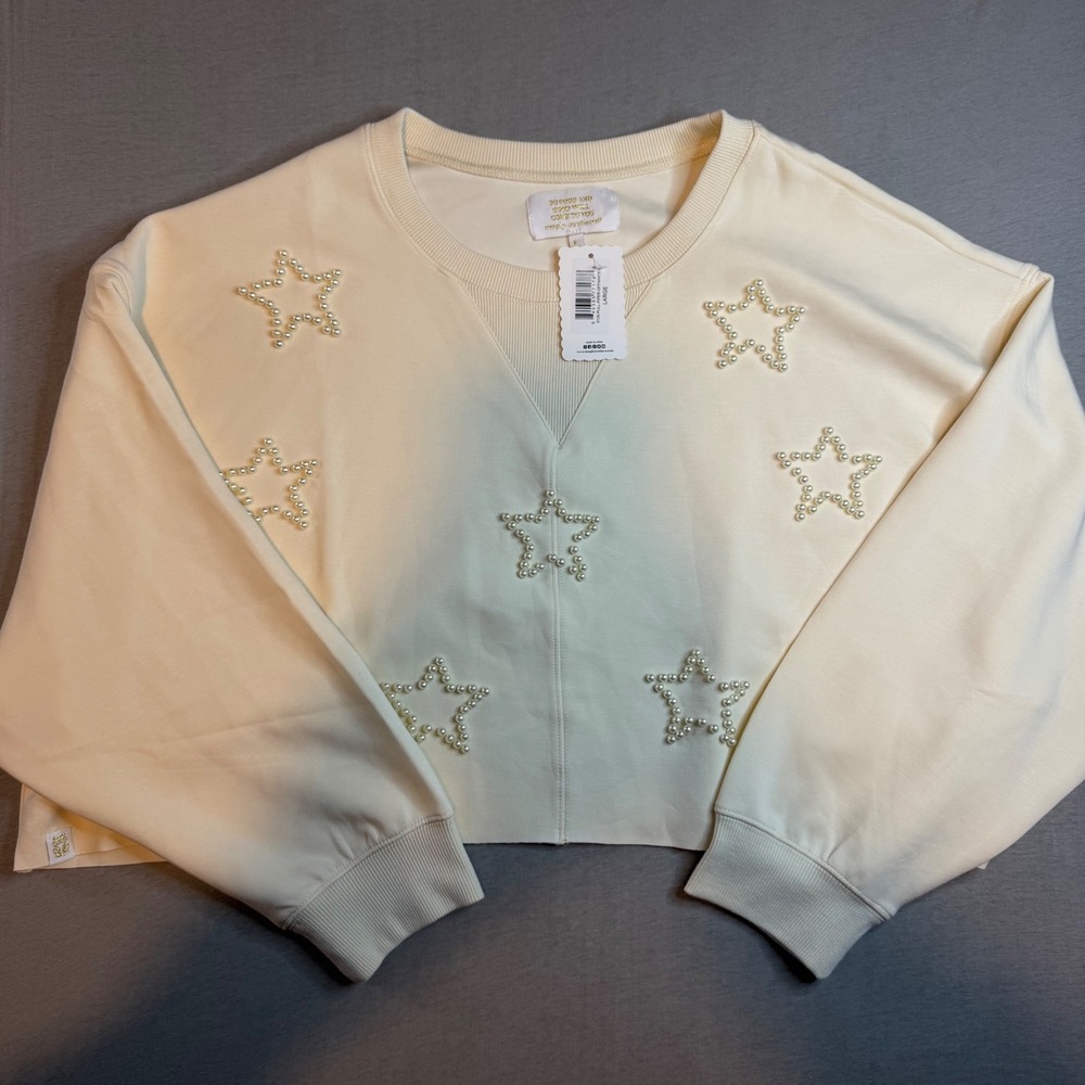 Simply Southern Piper Off White Pearl Star Cropped Sweatshirt Pullover Large NWT